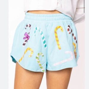 NEW Queen of Sparkles Bright Blue Rainbow Candy Canes Shorts. Size XL